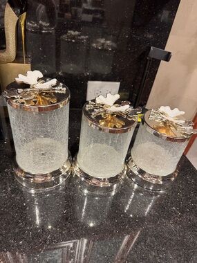 Decorative Clear Cracked Glass Jar 3 pc. Set with Silver Accents